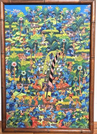 Vintage Balinese Folk Art Painting Signed & Framed Colorful Rice Harvest Bali