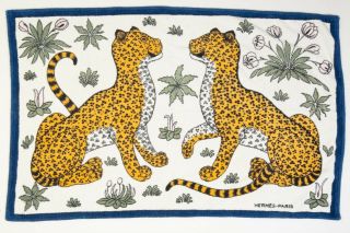 Vintage Hermes Of Paris Beach Towel: 2 Cheetahs On White With Blue Trim 57 " X34 "