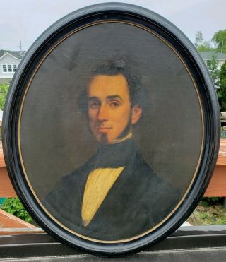 Antique Old Early 1800s American Realism Portrait Oil Painting Young Gentleman