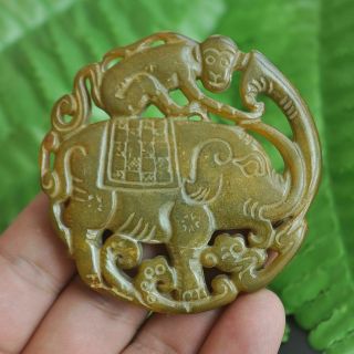 Chinese Ancient Old Hard Jade Hand - Carved Pendant Necklace Elephant Monkey M21