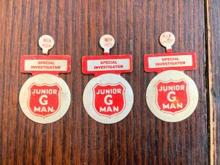 Three 1930s Junior G - Man Special Investigator Pocket Badges,  Printed Tin