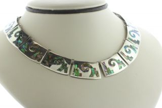 Taxco Mexico Sterling Silver 925 Abalone Inlay Tribal Hinged Collar Necklace 15 "