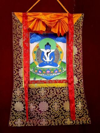 Handpainted Tibetan Buddha Shakti Thangka Painting,  Silk Brocade