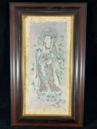 Chinese Antique Vintage Buddhist Deity Print In Frame