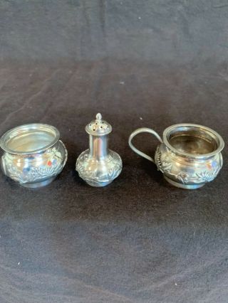 Antique Chinese Export Sterling Silver 3 Piece Condiment Set Signed Ts 2.  5”