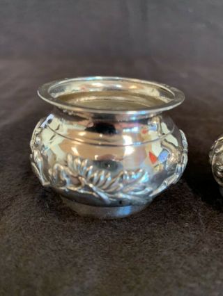 Antique Chinese export sterling silver 3 piece condiment set signed TS 2.  5” 2
