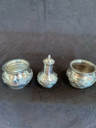 Antique Chinese export sterling silver 3 piece condiment set signed TS 2.  5” 5