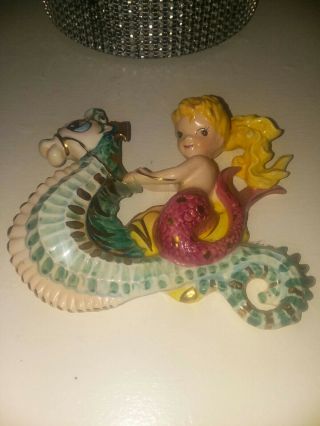 Vintage Lefton Ceramic Mermaid Riding Seahorse Wall Plaque Figurine Primo Rare