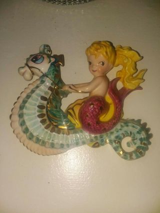 Vintage Lefton Ceramic Mermaid Riding Seahorse Wall Plaque Figurine Primo RARE 2