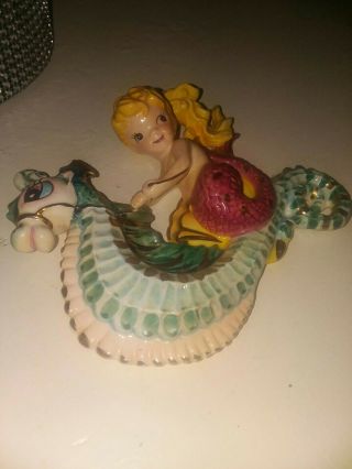 Vintage Lefton Ceramic Mermaid Riding Seahorse Wall Plaque Figurine Primo RARE 3