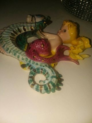 Vintage Lefton Ceramic Mermaid Riding Seahorse Wall Plaque Figurine Primo RARE 4