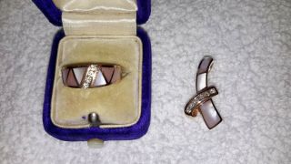 Vintage Set 14k Rose Gold Diamonds Mother Of Pearl Slide And Ring Size 6