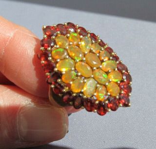 Vintage Huge Sterling Gold Wash Oval Fire Opal & Garnet Cluster Cocktail Ring