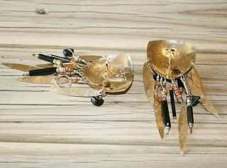 Huge Bodacious Tabra Golden Shield Clip Earrings Daggers Black Onyx Crystals 3