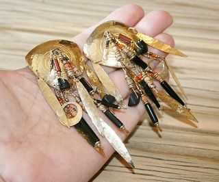 Huge Bodacious Tabra Golden Shield Clip Earrings Daggers Black Onyx Crystals 5
