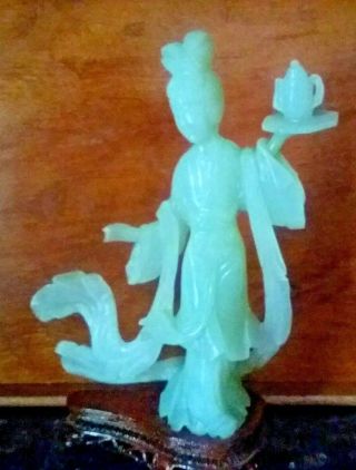 Chinese Jade - Like Figurine Of A Woman Holding A Teacup On A Stand