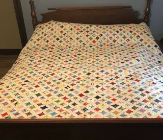 VINTAGE CATHEDRAL WINDOW QUILT 74” X 68” NEVER LAUNDERED 1967 2