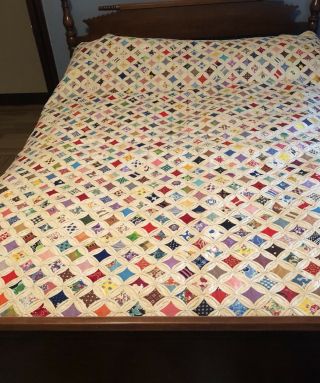 VINTAGE CATHEDRAL WINDOW QUILT 74” X 68” NEVER LAUNDERED 1967 7