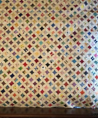 VINTAGE CATHEDRAL WINDOW QUILT 74” X 68” NEVER LAUNDERED 1967 8