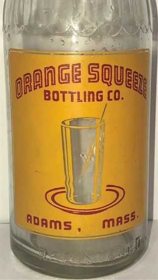 RARE VINTAGE ORANGE SQUEEZE BOTTLING CO SODA BOTTLE EMBOSSED P GWOZDZ ADAMS MASS 2