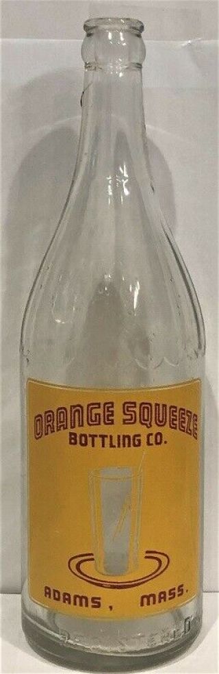 RARE VINTAGE ORANGE SQUEEZE BOTTLING CO SODA BOTTLE EMBOSSED P GWOZDZ ADAMS MASS 5