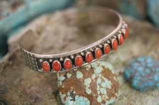 Vintage Navajo Cuff Bracelet With Red Coral,  Sterling,  Signed: M (lennie Mariano)