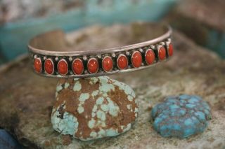 VINTAGE NAVAJO CUFF BRACELET WITH RED CORAL,  STERLING,  SIGNED: M (LENNIE MARIANO) 2