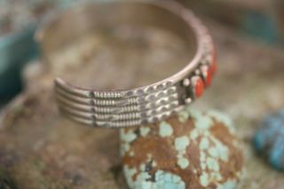 VINTAGE NAVAJO CUFF BRACELET WITH RED CORAL,  STERLING,  SIGNED: M (LENNIE MARIANO) 3