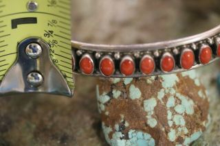 VINTAGE NAVAJO CUFF BRACELET WITH RED CORAL,  STERLING,  SIGNED: M (LENNIE MARIANO) 7
