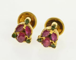 22k Ornate Ruby Emerald Flower Button Stud Pin/brooch Yellow Gold 46