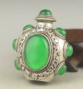 Chinese Old Snuff Bottle Green Jade And Silver Statue Snuff Bottle