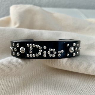 Vintage Christian Dior Logo Black Resin Silvertone Studded Cuff Bracelet