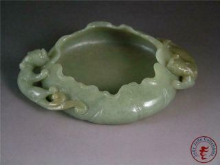 Fine Old Chinese Celadon Nephrite Jade Brush Washer Statue Double Dragons