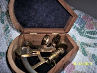 Vintage Stanley London Brass Sextant In Wooden " Casket " Shaped Case
