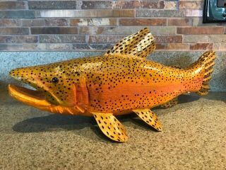 14 " Large Hand Painted Brown Trout Decoy Fish Rainbow Brook Fly Fishing Rod Reel