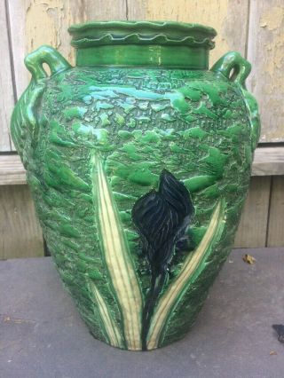 Fine Antique 19th C Awaji Japanese Majolica Urn Vase Iris Green Cobalt Glaze 14”
