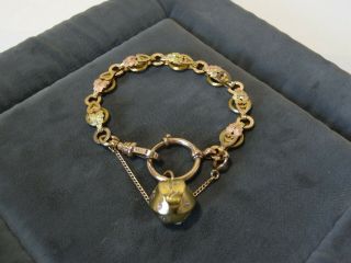 Antique Gold Filled Leaf & Heart Bookchain Watch Chain Charm Fob Bracelet 7.  5 "