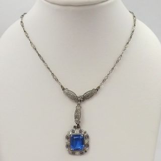Art Deco Sterling Silver Blue Stone Dangle Lavalier Pendant Necklace 17 "