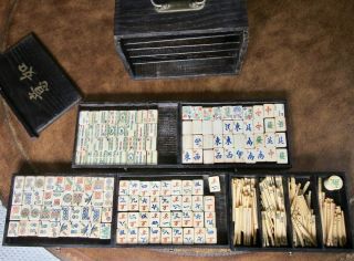 Antique Mah - Jongg Vintage Set Bone Bamboo Wood Box Tile Dice Mahjong Game Winds