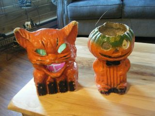 2 Vintage Halloween Paper Mache Pumpkin Lantern Full Body Man 7” 1930’s & Cat