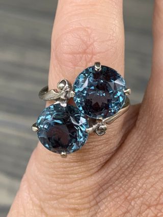 Antique Vintage Deco Retro 14k White Gold Blue Spinel Bypass Ring Sz 4.  75