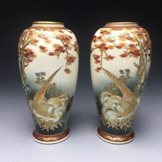 Matching Fine Japanese Satsuma Koshida Pottery Vases Pheasants