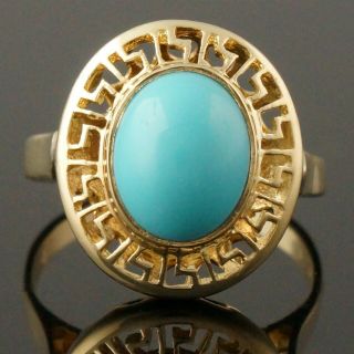 Solid 14k Gold,  9.  7mm Persian Turquoise Cabochon,  Greek Key Motif Estate Ring Nr