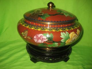 Vintage Chinese Cloisonne Lidded Bowl With Wooden Stand