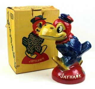 Vintage Kansas Jayhawks Ku Mascot Decanter Old Jayhawk Bourbon Whiskey Bottle