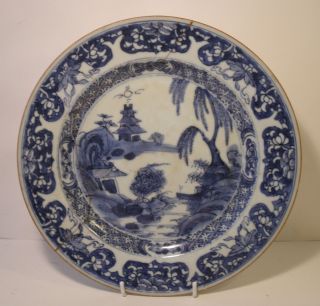 Large 10.  5 " Chinese 18th Century Blue And White Plate A/f