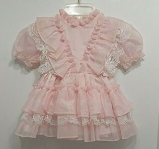 Vintage Baby Girl Frilly Dress Pink Sheer Lace Ruffles Kandy Ann Size Toddler 2