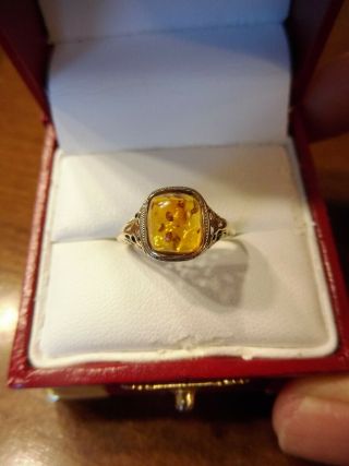Antique Vintage Art Deco 14k Yellow Gold Amber Filigree Band Ring Sz 6 (716)