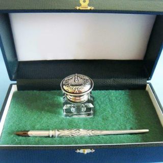 Vintage Sterling Silver Ornate Inkwell & Dip Pen Set In Case