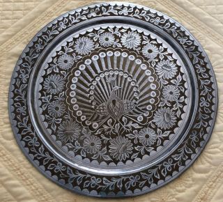 Vintage India Brass Silver Tray Peacock Artist Signed M3–14 G.  W.  13”